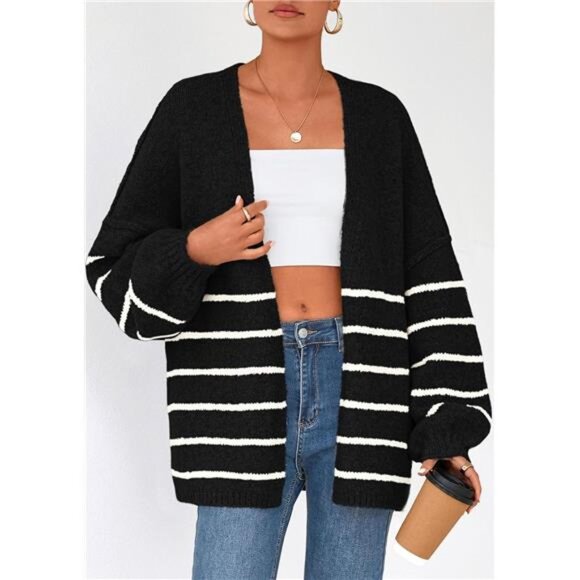 Womens Oversized Cardigan Sweaters Striped Army Green - Picture 4 of 6